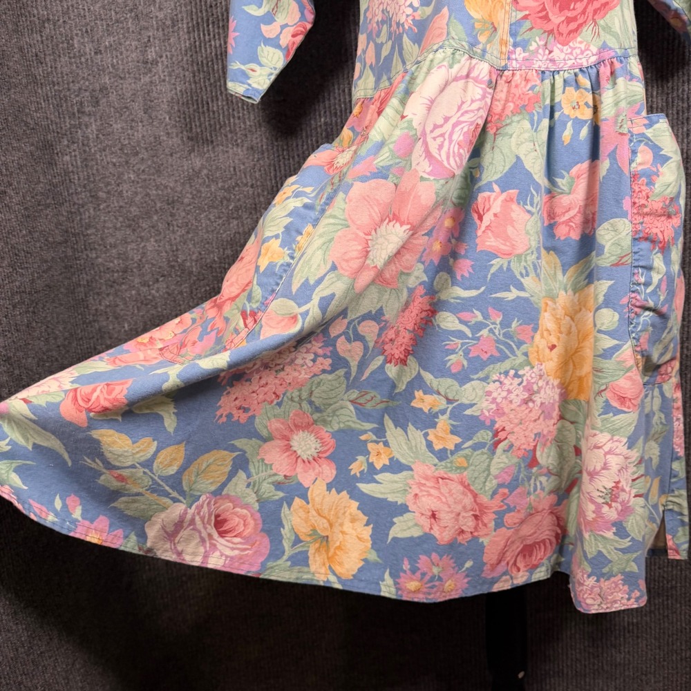 Vintage 80s Cherokee Drop Waist Chore Pocket Floral Midi Dress 7/8 Cottage Retro - Picture 10 of 12